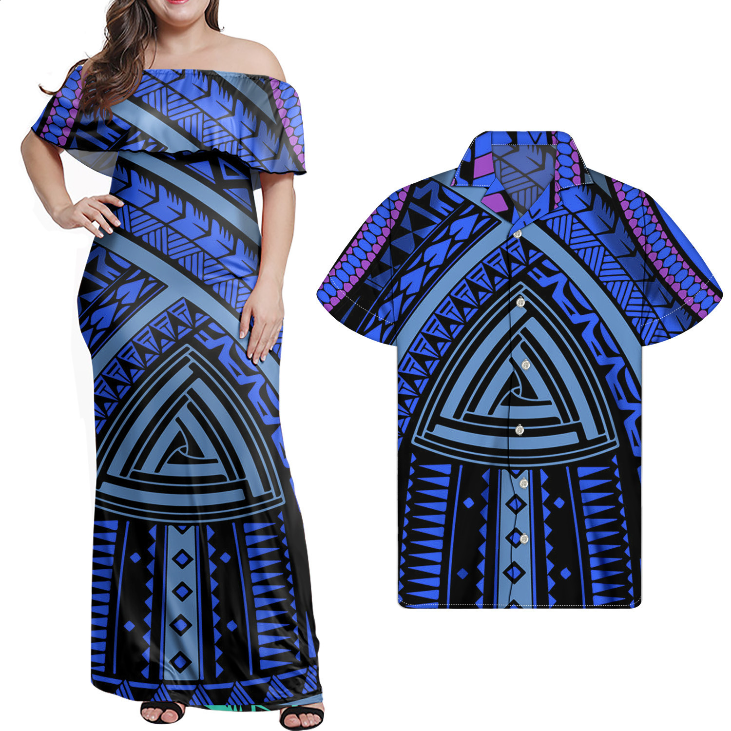 Polynesian Tribal Sublimation Print Lady Party Mermaid Style Dress Women's Long Fishtail Dress And Men Shirt Couple Suit 220628