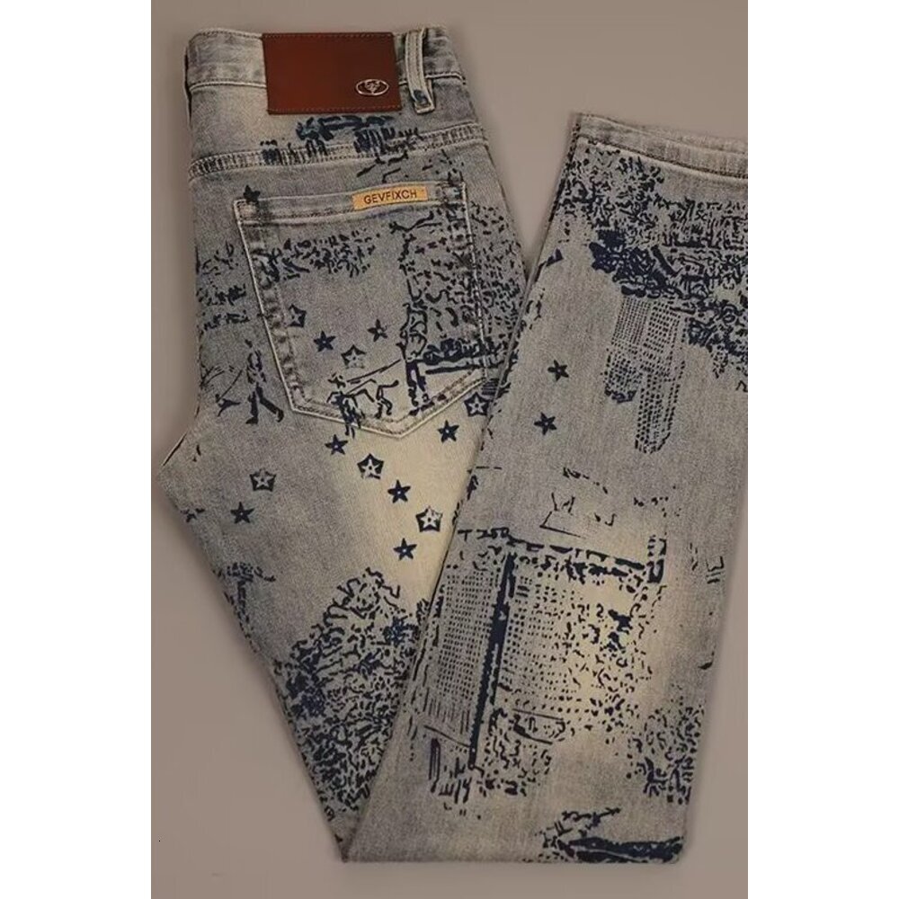 Men's Jeans Designer Clothes Trend Slim Fit Printed Jeans Autumn Winter New Retro Light Straight Casual Fashion Versatile Long Pan Men's Clo