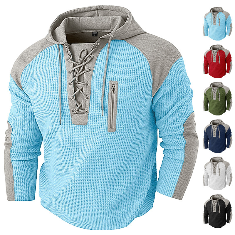 New European And Designer T-shirt American Men's Drawstring Hooded Swea Designer Hoodie Waffle Pattern Colorblock Top Casual Polo Sports Swea