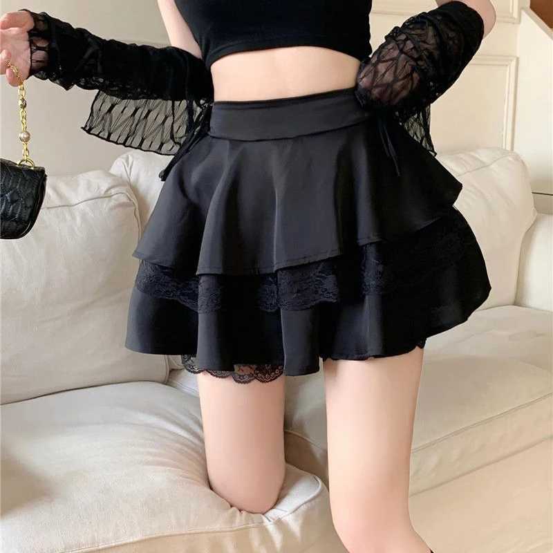 Y2K Sweet Solid Women Mini Skirt Summer High Waist Lace Patchwork Ladies Gown Fashion All Match Ruffles Female Skirt M260316