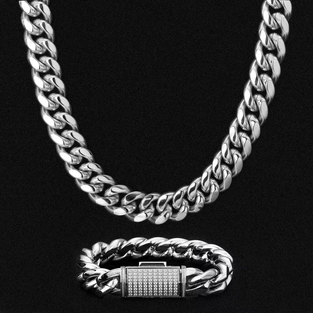 KRKC Hot Sale 18mm Titanium Stainless Steel CZ Buckle Rhodium 18k Gold Plated Hip Hop Men Necklace Big Punk Cuban Link Bracelet