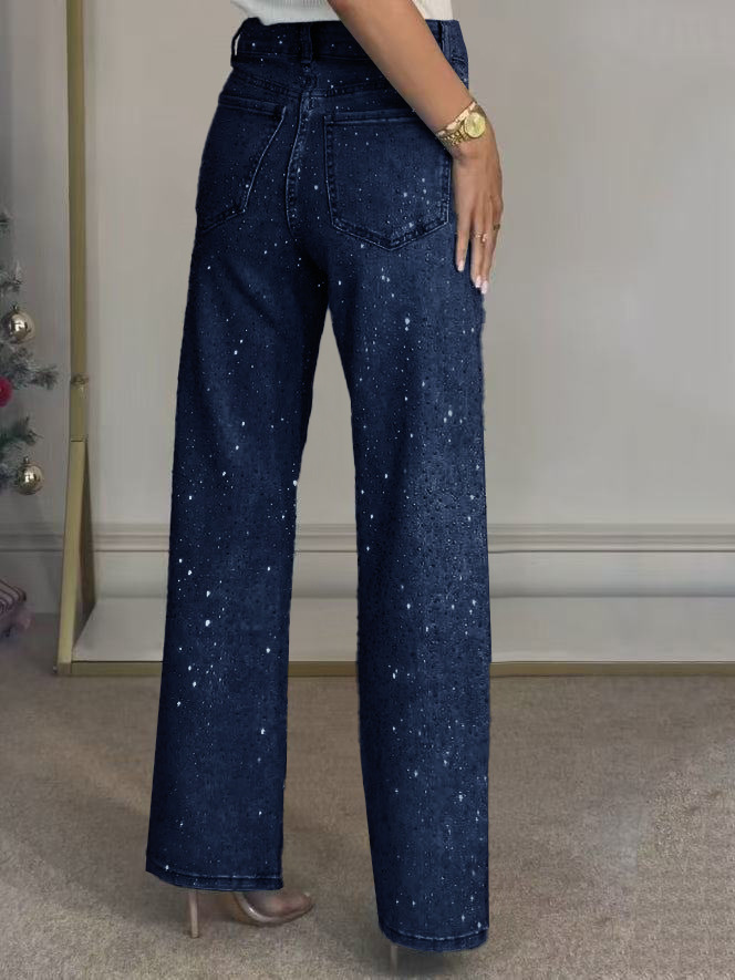 Women's Jeans Women's full-rhinestone washed jeans, high-waisted straight-leg pants with a sophisticated look, trendy long pants for women