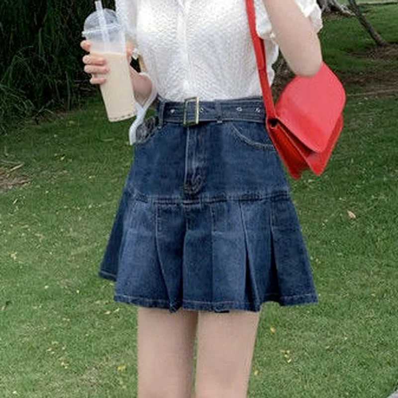 Pleated Skirts Women Denim High Waist Student Fashion Leisure All-match Summer Mini Holiday Solid Simple Korean Version Elegant M260316