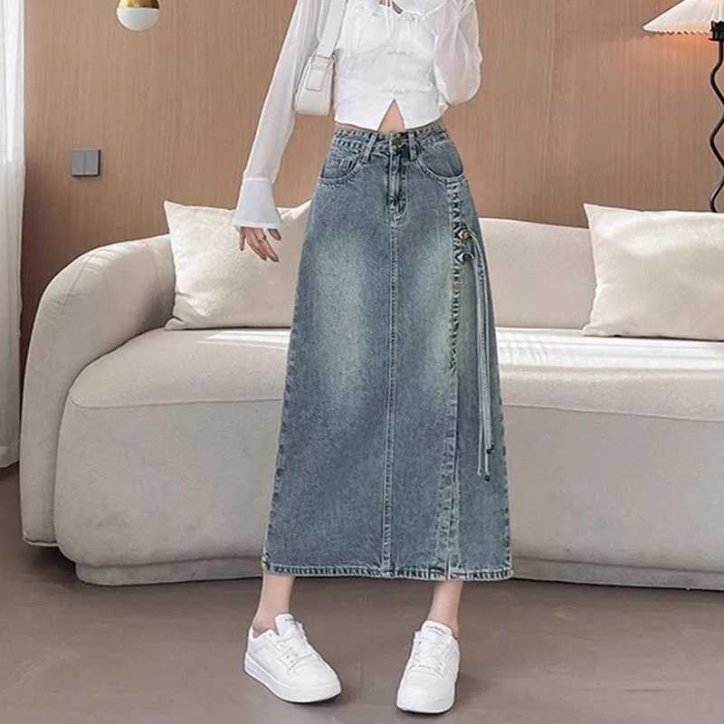Fashion Side Tie Denim Skirt Ladies Women High Waist Harajuku Korean Style A-line Long Skirt For School Casual Faldas M260316