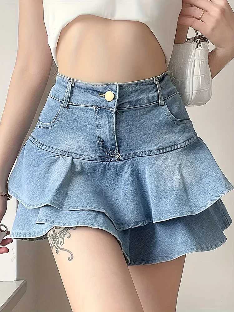 Vintage Woman Denim Shorts Skirts Summer 2023 Streetwear All Match Washed KAWaii Gown Ruffles Mini Jeans Saias Femme M260316