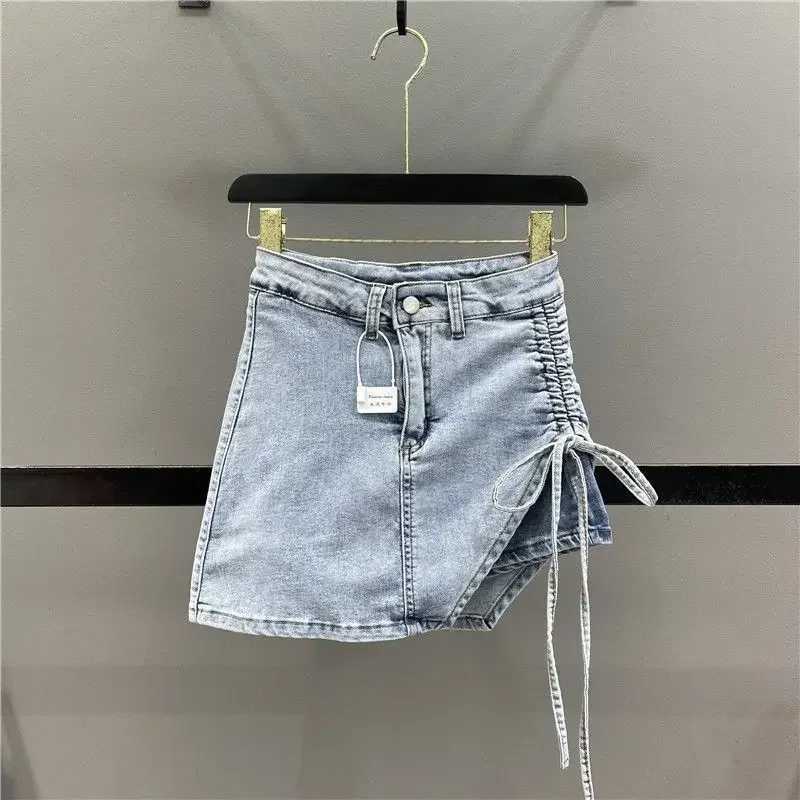 Pink denim skirt female 2024 summer new design sense irregular drawstring casual fashion temperament slim A-line skirt M260316