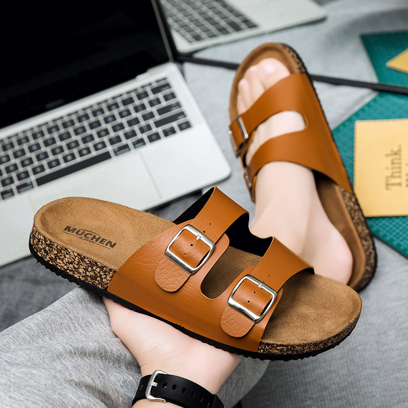 Fashion Slippers 2026 Men Women Adjustable Buckle Flat Sandals Brown Faux Leather Comfort Slides