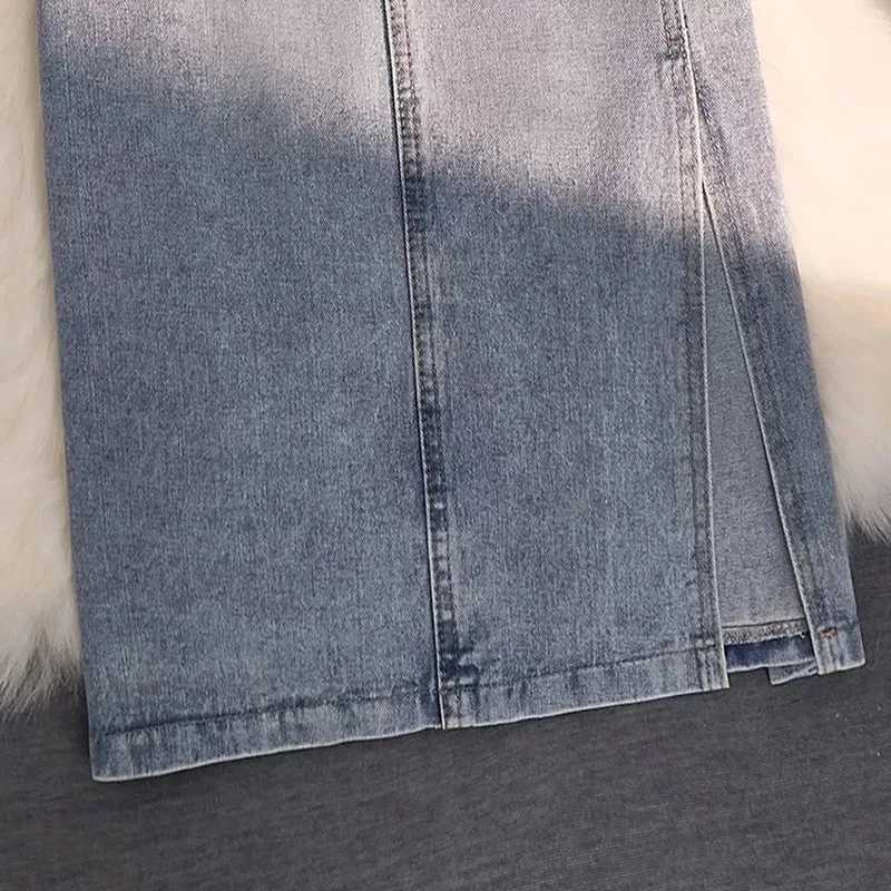 Denim Skirts Women High Waist Vintage Distressed Slim Long Hip-skirt A-line Elegant Fashion Side Slit Pockets Harajuku Modern OL M260316