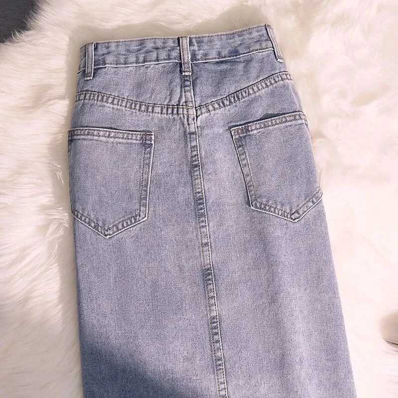 Denim Skirts Women High Waist Vintage Distressed Slim Long Hip-skirt A-line Elegant Fashion Side Slit Pockets Harajuku Modern OL M260316