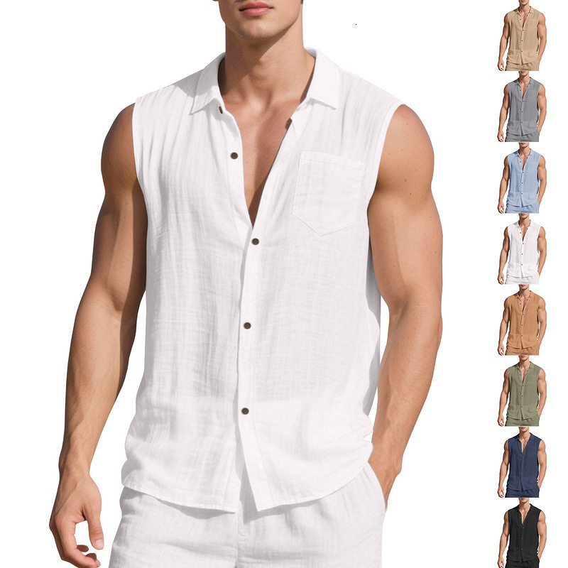 European And American Fashion Lapel Men's Polo Summer New Loose Linen Simple Designer Designer T-shirt Hoodie Casual Sleeveless Cardigan Beach Shirt