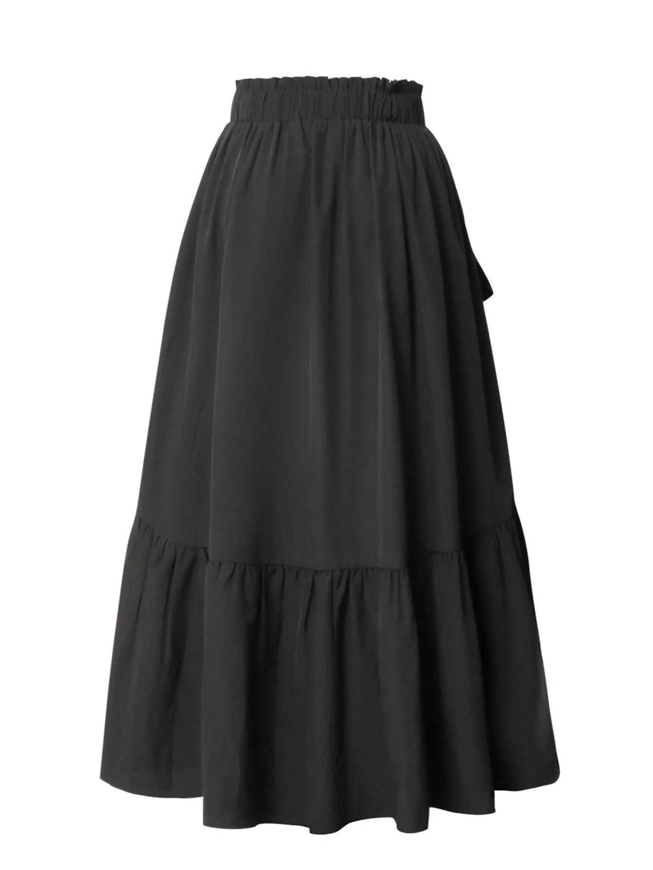 Black Asymmetrical Maxi Skirt Elegant Ruffled a Line Half Skirt with Elastic Waist Perfect for Casual Wear M260316