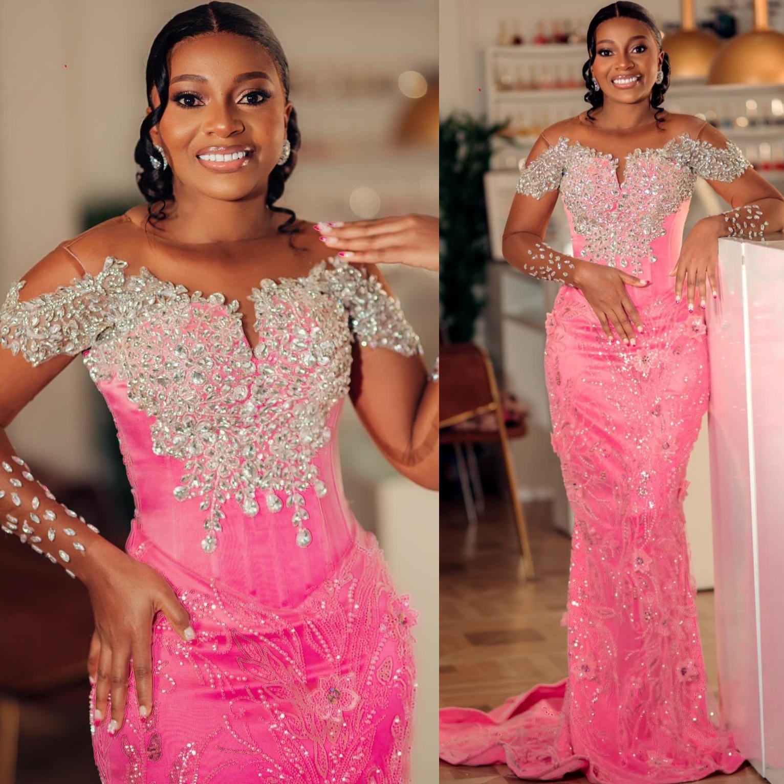 2K26 Pink Prom Dress 2026 Mermaid Prom Dress Beaded Crystals Floral Lace Sheer Neck Evening Dresses Birthday Party Formal Receiption Gowns Dresses ZJ0