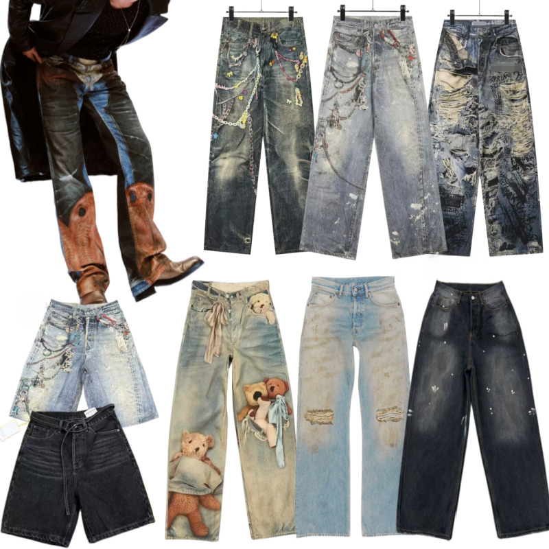 acnes jeans High-quality men's and women's jeans 3d digital printing summer new washed camouflage loose stacked wide-legged casual versatile jeans 830 69