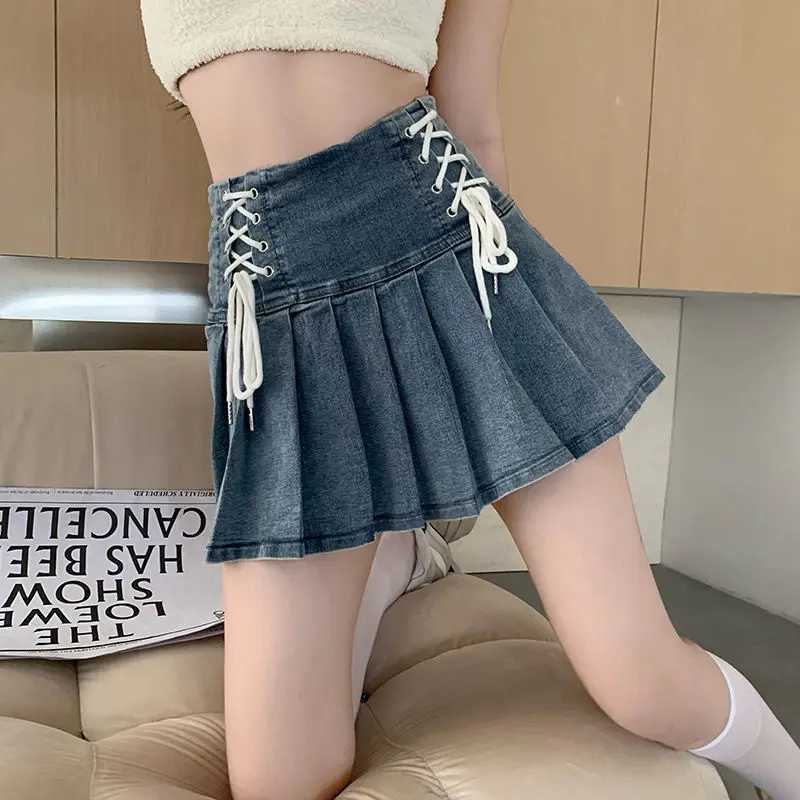 Denim Pleated Skirts Women Cute Lace-up Chic ish Summer Mini Skirt Korean Style Fashion Sexy High Waist Streetwear College M260316