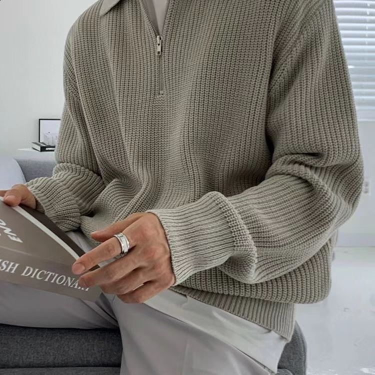 Mens Winter Fashion Aesthetics knit Sweater Vintage Turtleneck Lapel Harajuku Oversized Long Sleeve Unisex Pullovers Chic Tops 240821