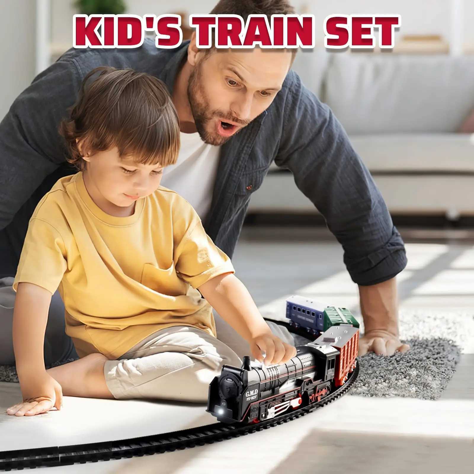Retro Electric Freight Steam Train Toy Set - DIY Assembly Railway Track Light Sound Smoke Simulation Childrens Gift Y260316