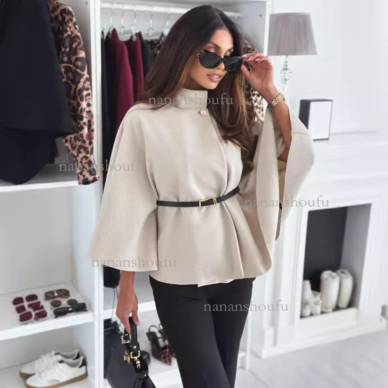 2026 New Designer Solid Color Strap Wool Jacket Luxury Winter Essential Women's Cape Top Fashion Trend Solid Color Loose Clothing Wholesale