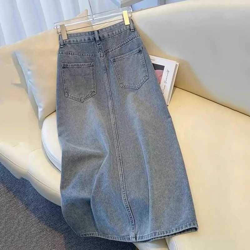 Fashion Side Tie Denim Skirt Ladies Women High Waist Harajuku Korean Style A-line Long Skirt For School Casual Faldas M260316