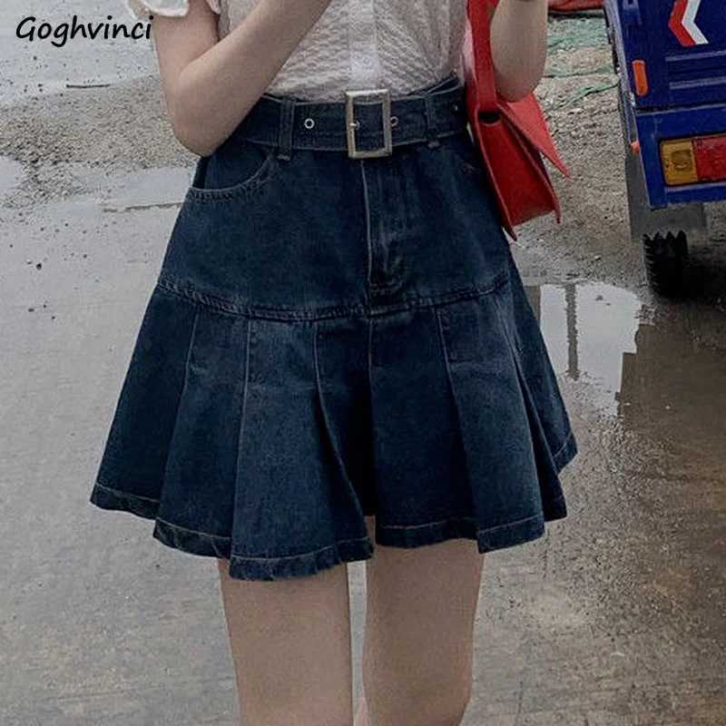 Pleated Skirts Women Denim High Waist Student Fashion Leisure All-match Summer Mini Holiday Solid Simple Korean Version Elegant M260316