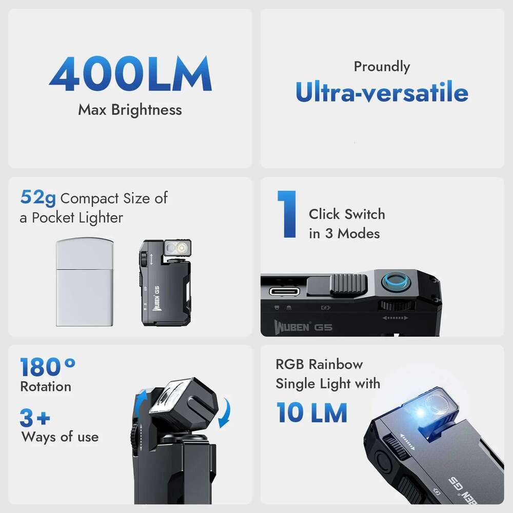 WUBEN G5 Rechargeable EDC Flashlight, 400 Lumens Dual Light Sources Mini Flashlight with RGB Light, Portable Pocket Flashlights 26Y0316