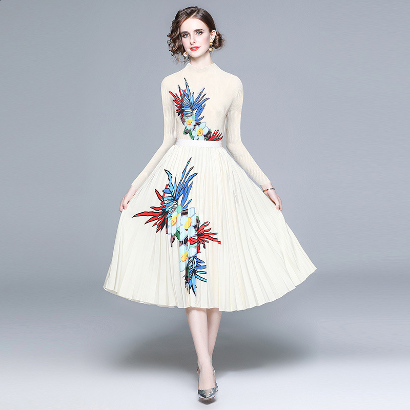 Two Piece Dress Summer Runway Flower Skirt Suit Womens Stretch Colorblock Knit Top High Waist Floral Printed Holiday Set 230516