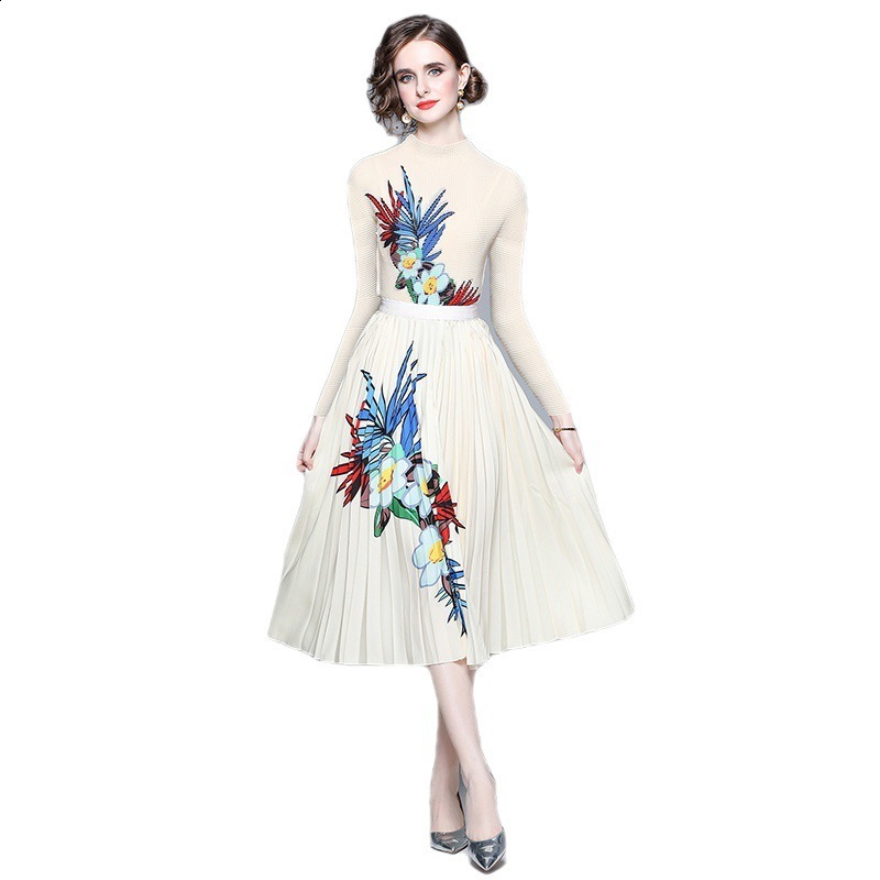 Two Piece Dress Summer Runway Flower Skirt Suit Womens Stretch Colorblock Knit Top High Waist Floral Printed Holiday Set 230516