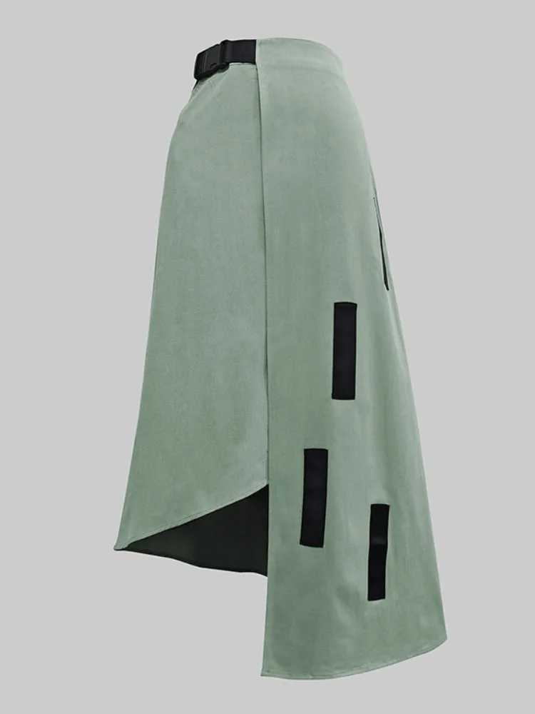 Womens Asymmetrical Midi Skirt Solid Color Block High Waist Functional Street Skirt 2026 Spring High Waist A-line Pleated Skirt M260316
