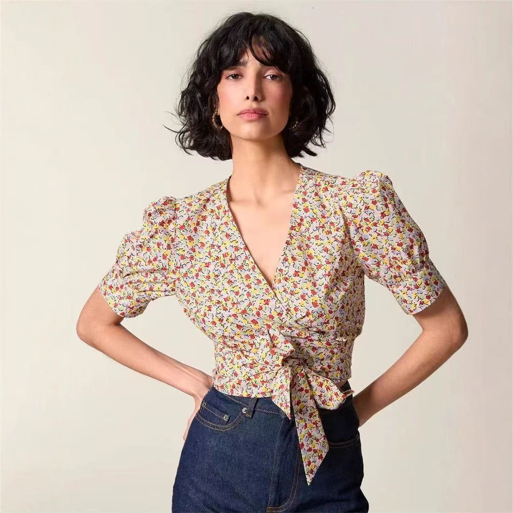 Frenchstyle RO Designer Hoodie New Summer Fshion Pure Cotton Printed Vneck Puff Polo Shirt Sleeve Wrpround Designer Shirt Tie Shirt Short Top