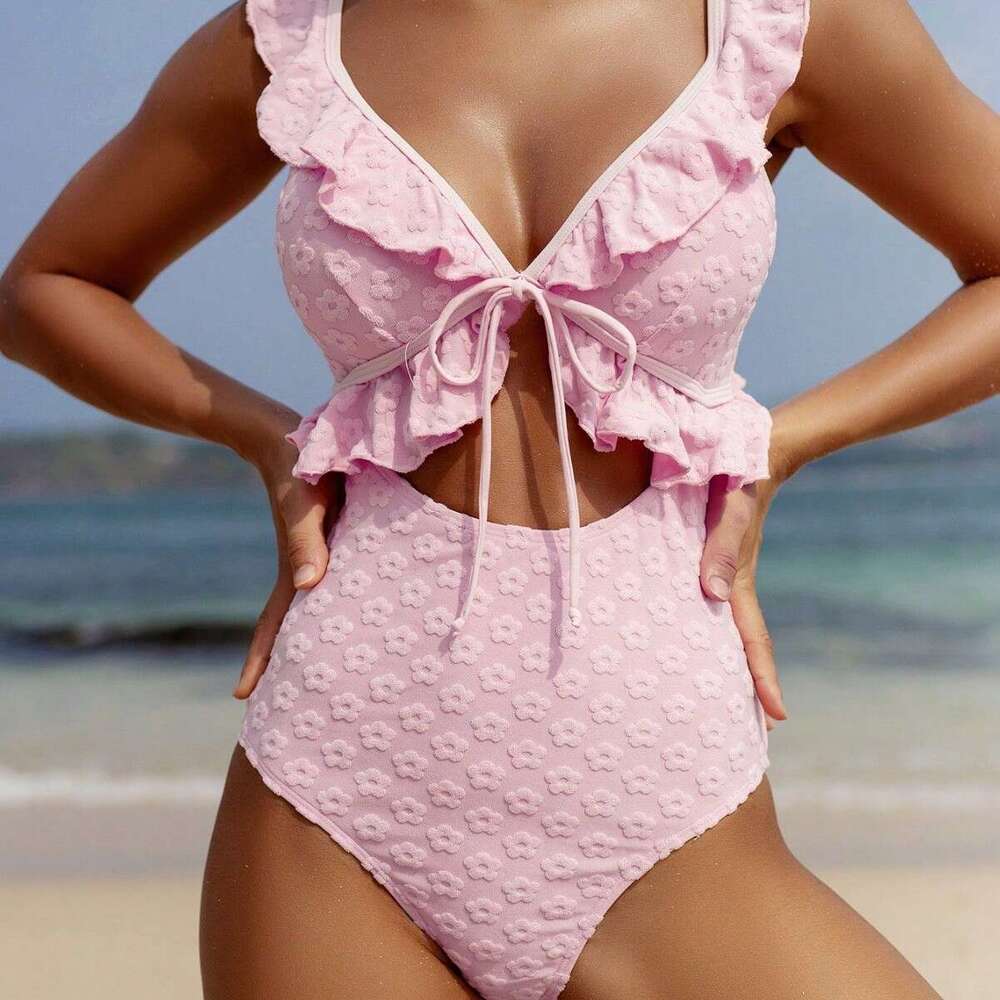 European And American Foreign Trade Plum Blossom Fabric Ruffled Sexy Hollow-Out Conservative One-Piece Swimsuit For Women Manufacturer Wholesale Luany