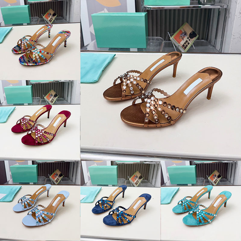 Designer Women Crystal Sandals Tequila Stiletto Heels Embellished Leather Elegant Dress Shoes Summer Open Toe High Heel 1053