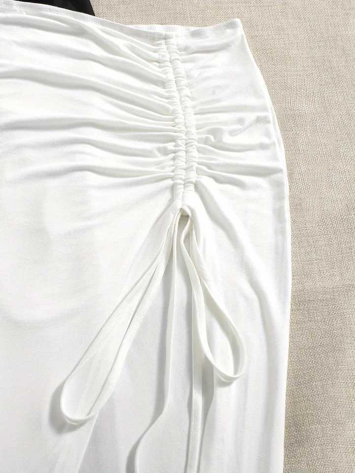 New womens elegant high waist knitted polyester skirt solid color spring summer and autumn long skirt drawstring side slit M260316