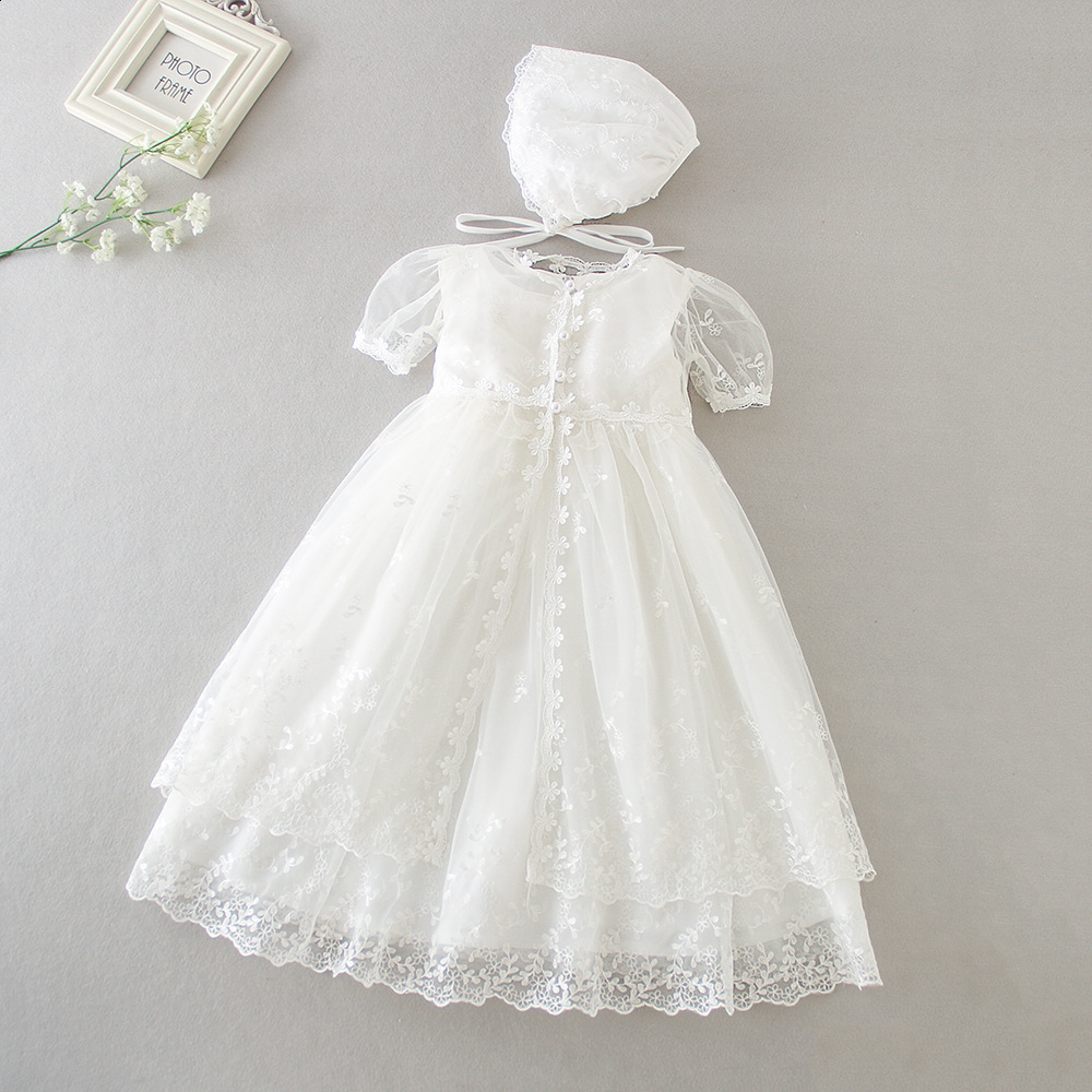 Embroidered Prom Baby Girl Baptism Dress Christening with Bonnet Lace Dresses 251111