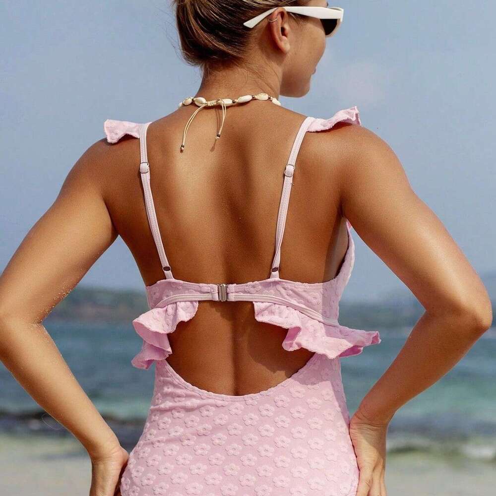 European And American Foreign Trade Plum Blossom Fabric Ruffled Sexy Hollow-Out Conservative One-Piece Swimsuit For Women Manufacturer Wholesale Luany