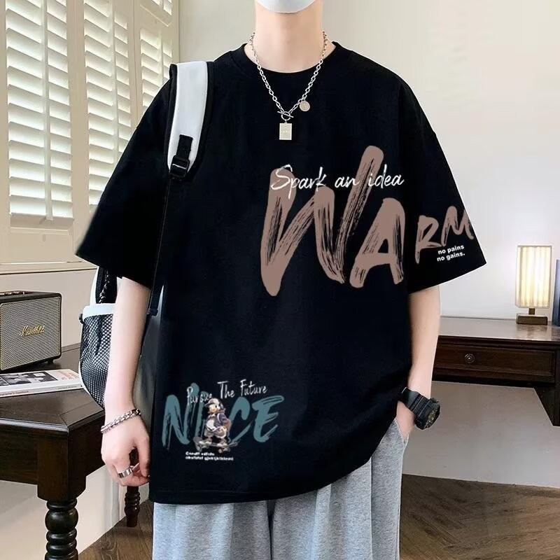 2026 Summer Cotton Short Sleeve T-Shirts for Men, American Ins Style Loose Fit Tees, Plus Size Basic Tops, Trendy Brand