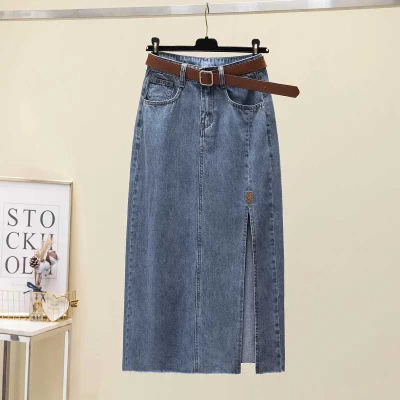 Clearance Sale High-Waisted Embroidered Denim Skirt Womens Summer A- Line Side Slit Specialty Store Clothing M260316