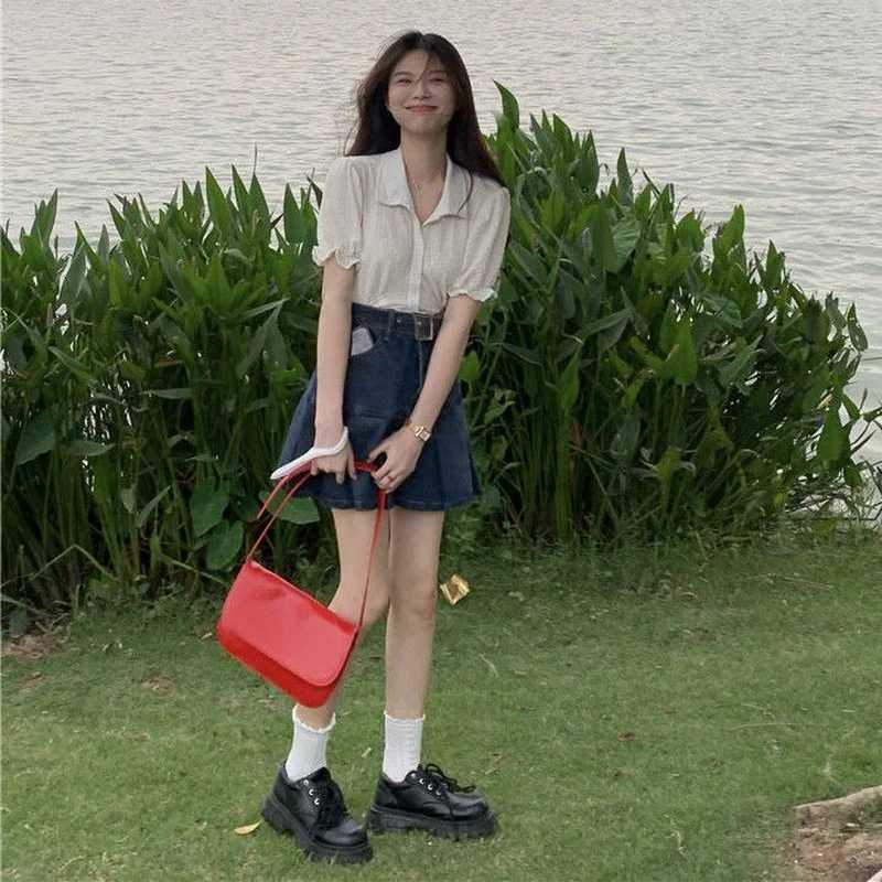 Pleated Skirts Women Denim High Waist Student Fashion Leisure All-match Summer Mini Holiday Solid Simple Korean Version Elegant M260316