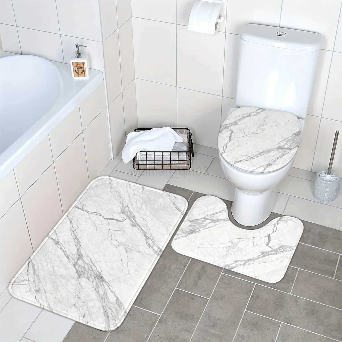 3PCS Marble Bath Mat Set Non-Slip Machine Washable Includes Floor Mat Toilet Cover Christmas Decor Polyester Bathroom Upgrade H260316