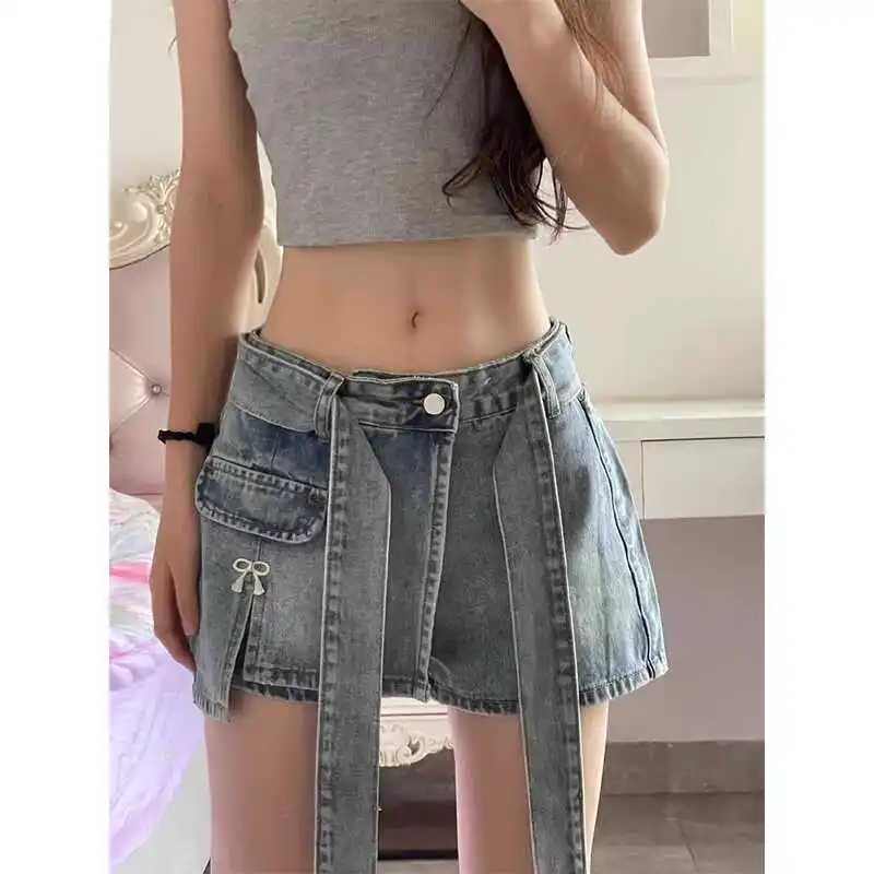 Fashion Irregular Spice Split Denim Shorts Skirt 2026 Summer New Design Strap High Waist Skinny Skirt M260316