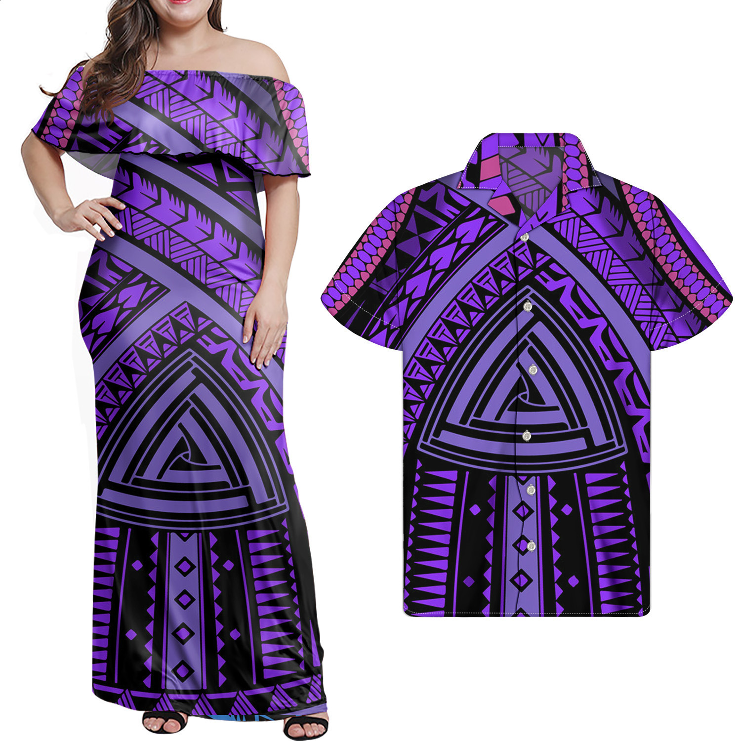 Polynesian Tribal Sublimation Print Lady Party Mermaid Style Dress Women's Long Fishtail Dress And Men Shirt Couple Suit 220628