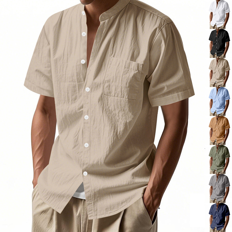 European And American Men's Summer Loose Linen Cardigan Solid Color Casual Polo Designer T-shirt Designer Hoodie Stand Collar Beach Short Sleeve Shirt