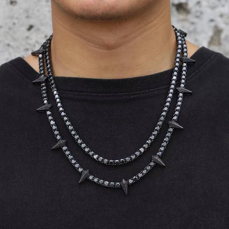 Pass Through Diamond Tester 4mm 5mm 925 Silver Hip-hop Bracelet Necklace Rock Mens and Womens Black Moissanite Tennis Chain
