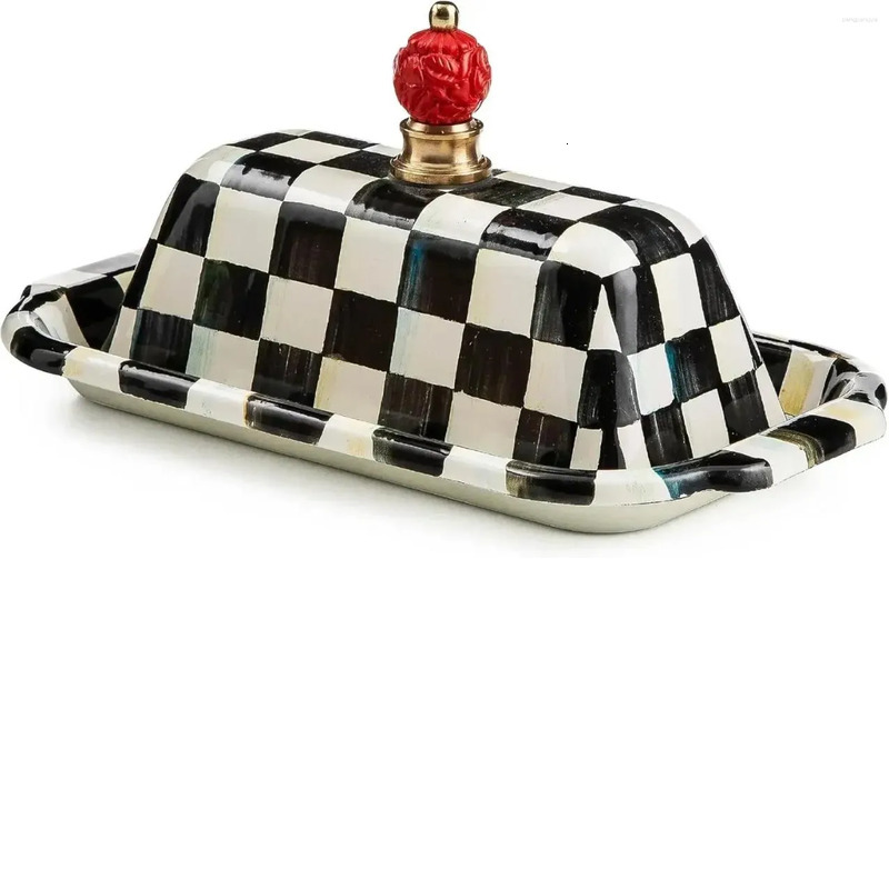 Courtly Check Enamel Butter Dish Black White Lidded Butter Box with Red Berry Knob Vintage Kitchen Storage for Butter & Table Decor