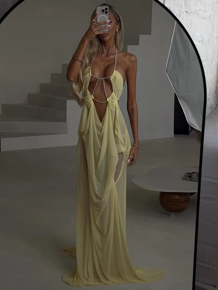 Casual Dresses Weird Puss Sexy See Through Dress Women Halter Chain Backless Irregular Ruched Patchwork Vacation Birthday Party Clubwear