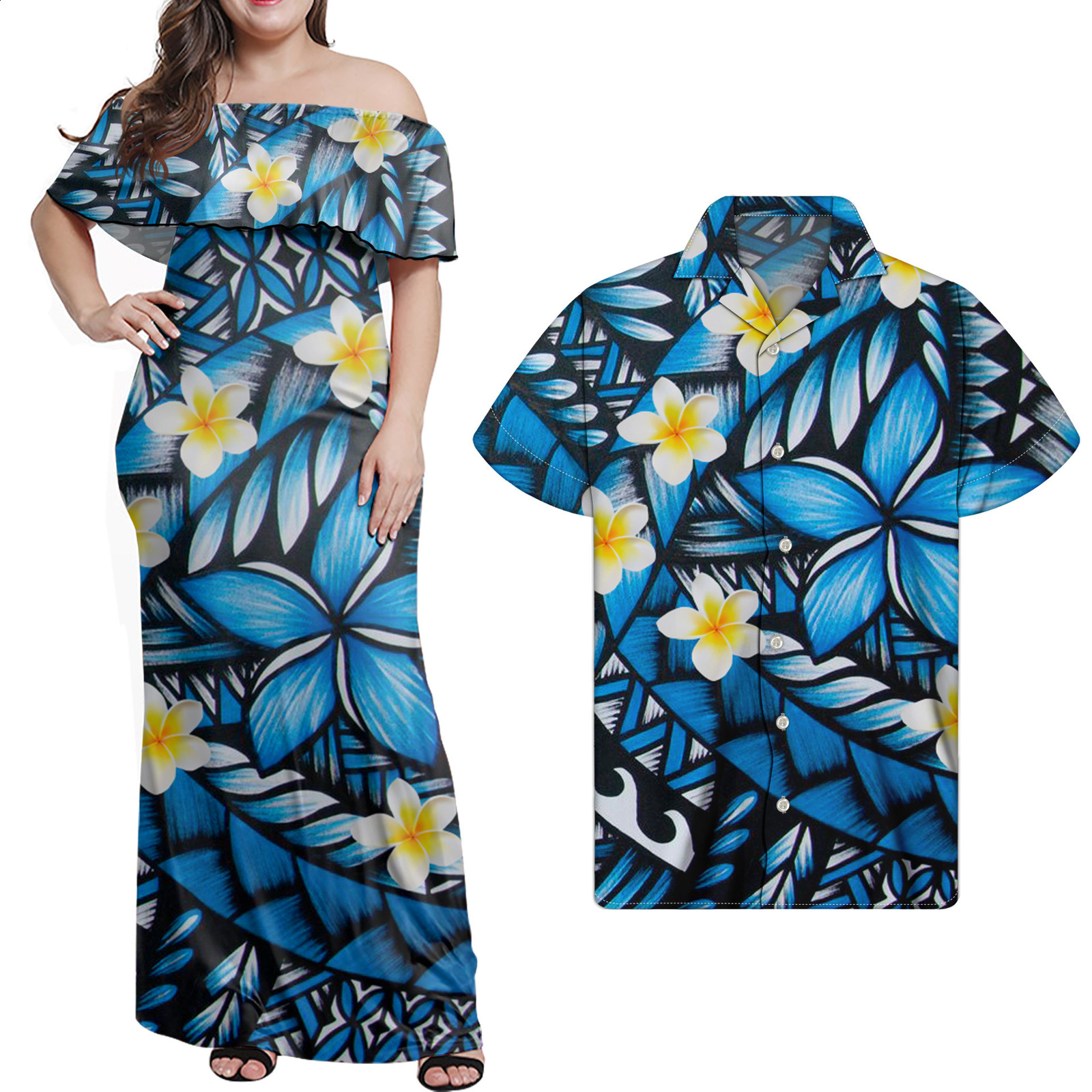 Polynesian Tribal Sublimation Print Lady Party Mermaid Style Dress Women's Long Fishtail Dress And Men Shirt Couple Suit 220628