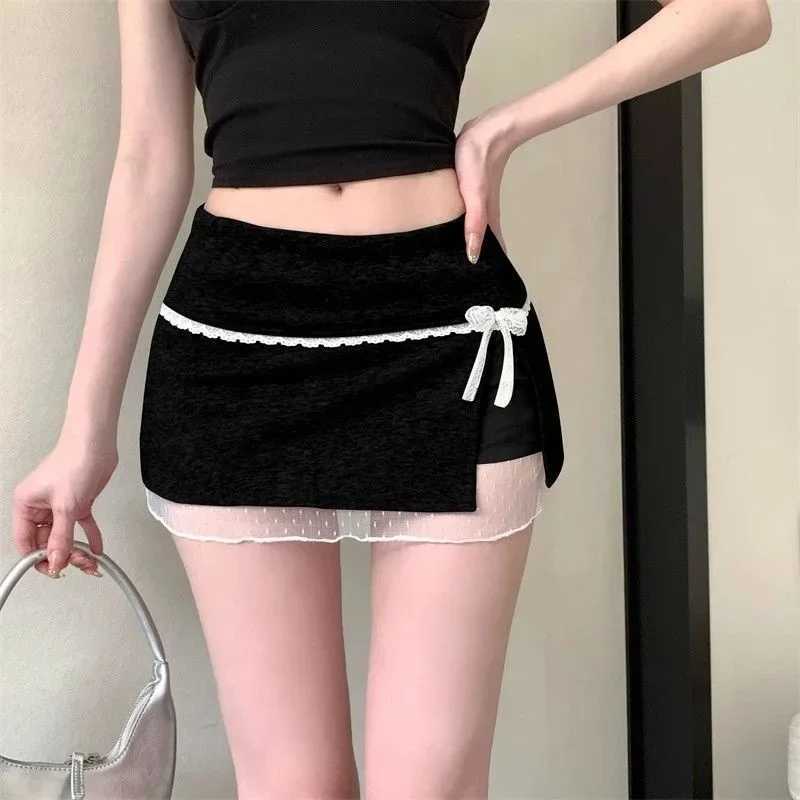 Mini Skirts Women Patchwork Lace Bow Hotsweet Summer A-Line Skirt with Safety Pants Fashion Side Slit Bodycon 2025 Lady Skirts M260316