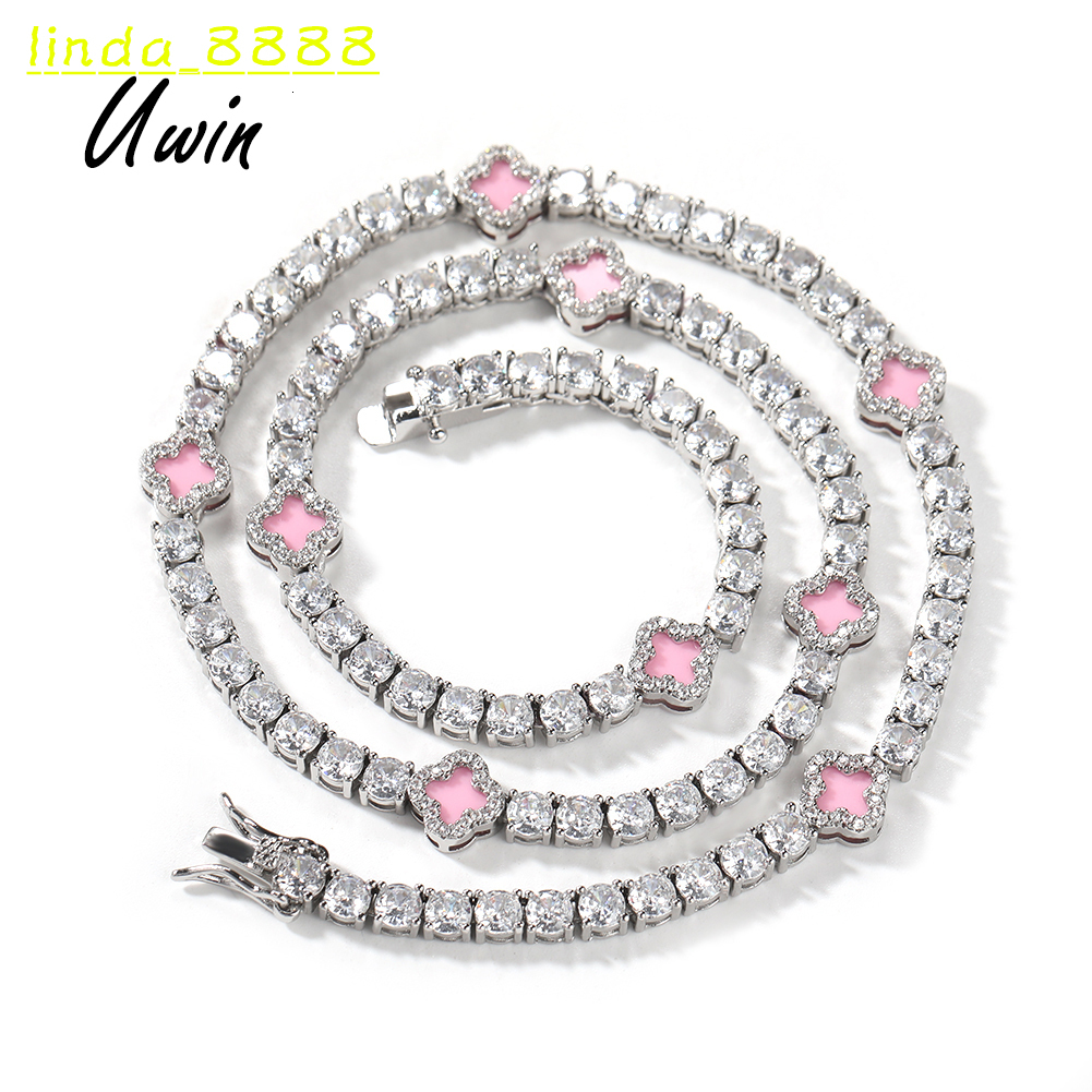 UWIN Mini Pink Clover Tennis Necklace Gold Plated 4 Leaf Clover 4mm Iced Out Tennis Chain Necklace Fashion Jewelry