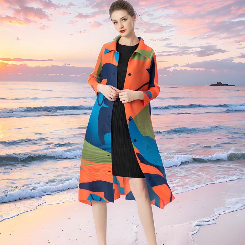 OC448M75 Women's Lolita Style Paisley Print Casual Dress Long Sleeve Button Down Open Front Wrinkle Detail Spring Autumn Coat Dress