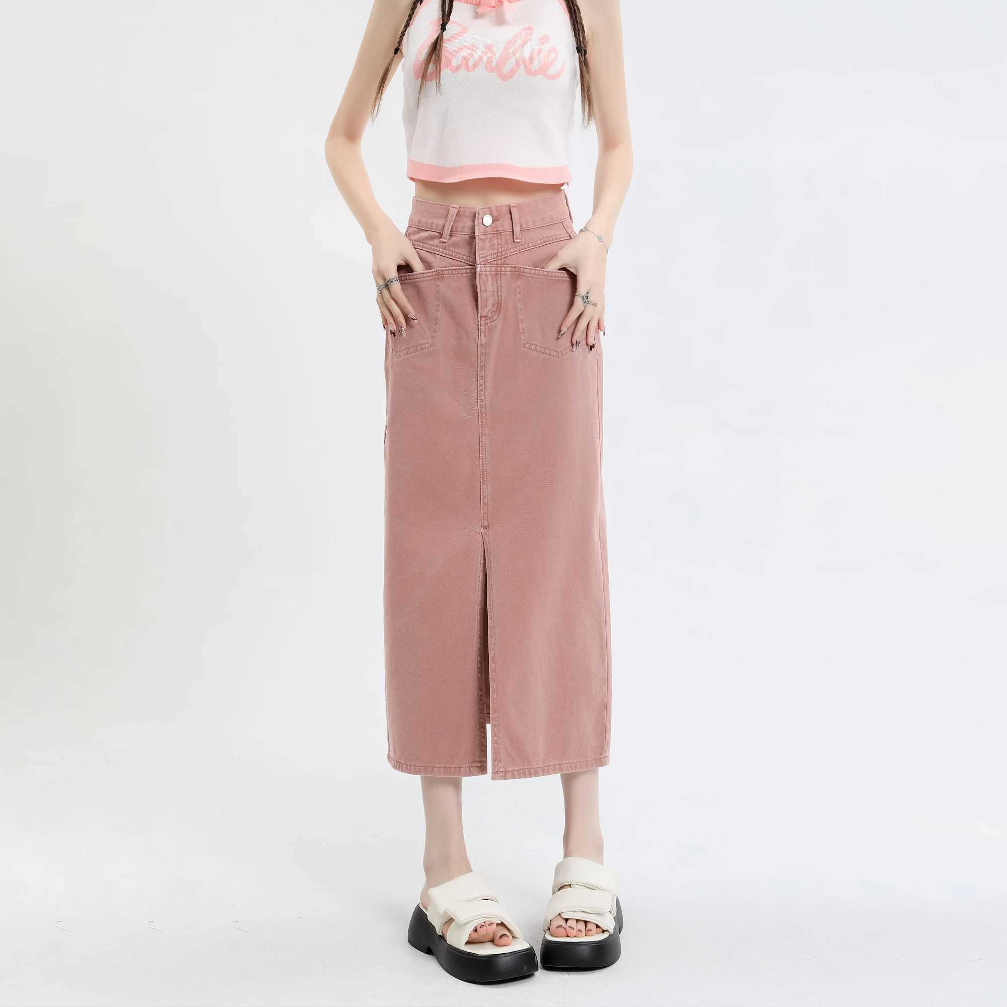 2026 New Women Slit A-line Midi Skirt Korean Female CloTHing Cotton Pink Y2k Denim Long Skirts Womens CloTHing M260316