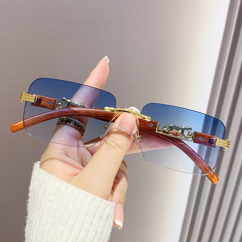 Sun glasses for women Japanese style Wood Grain Leopard Head New Trendy Metal Frameless Cut Edge High End Feel Sunglasses