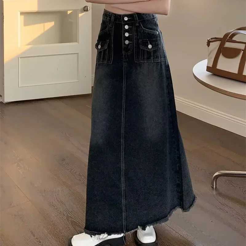 2024 New Streetwear Denim Skirt Spring Summer Fashion Frayed Hem Pocket High Waist Long Jeans Skirt Loose Plus Size Skirt S-5XL M260316